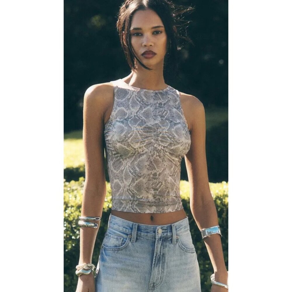 Good American Slinky Jersey Ruched Tank Top- Snakeskin Print Small New With Tags